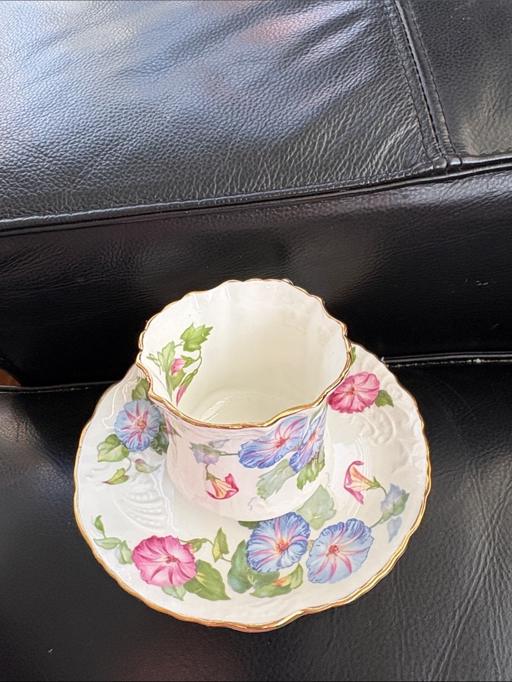 Vintage Floral Porcelain Teacup and Saucer Set with Gold Trim Morning Glory